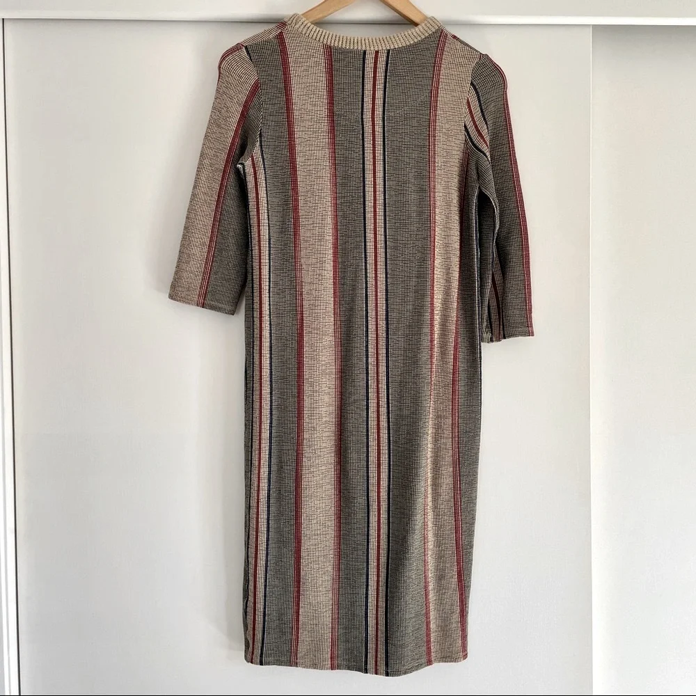 ZARA Striped Midi Dress Cream‎ Red Navy Stretchy Knit Elbow Sleeve Small